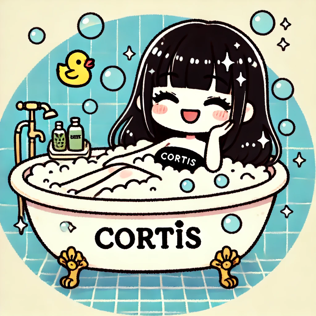 黒い髪のcortisちゃんがcortisの水着を着てバスタブでリラックスしているイラスト。泡とゴムのアヒルに囲まれている。