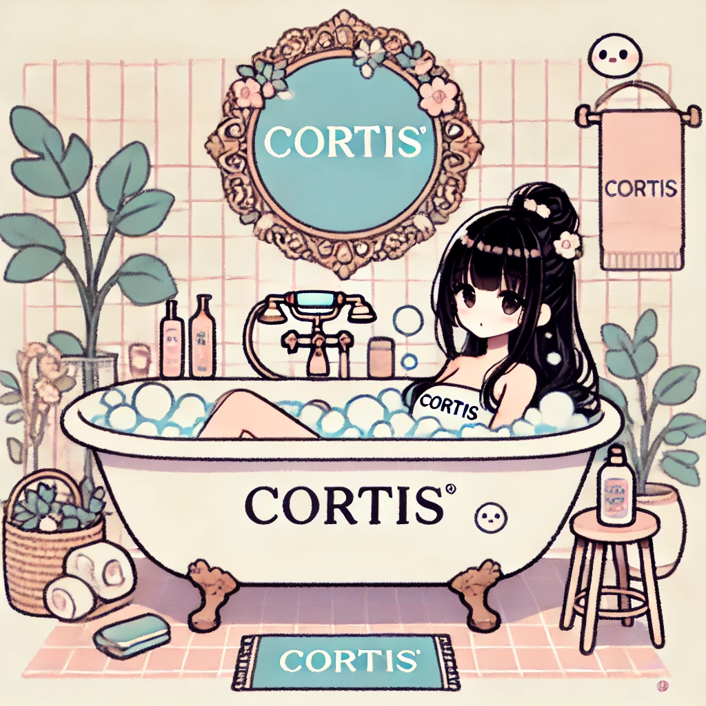 黒い髪のcortisちゃんがcortisのロゴが入った水着を着て、バスタブでリラックスしているイラスト。バスルームには鏡やタオル、植物などのアクセサリーが配置されている。