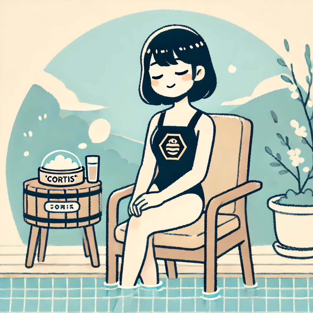 黒い髪のcortisちゃんが、屋外で椅子に座りリラックスしているイラスト。彼女はcortisのロゴが入った水着を着ており、足を水に浸けている。
