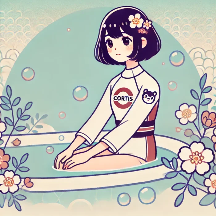 cortisちゃんが浴槽で正座してリラックスしているイラスト。cortisのロゴが入った水着を着ており、背景には泡や花が描かれている。
