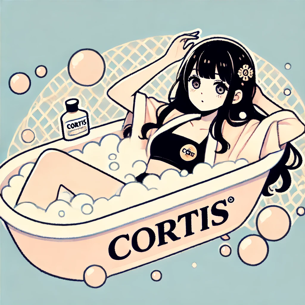 黒い髪のcortisちゃんがcortisのロゴが入った水着を着て、バスタブでリラックスしているイラスト。泡に囲まれている。
